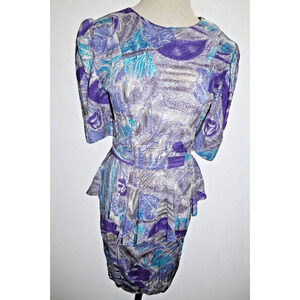 Vintage Dress Express Puff Sleeve Mini Dress – Abstract Purple Print – Size 5/6